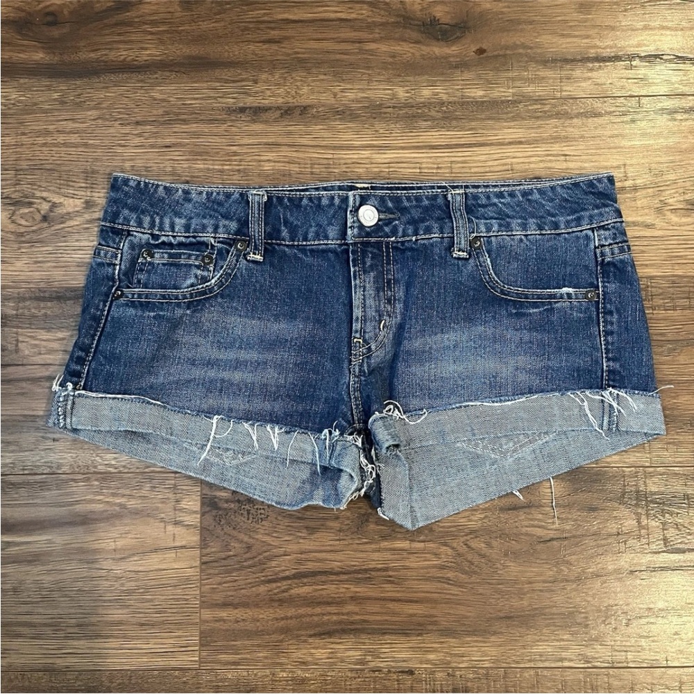 American Eagle Y2K Micro Mini Denim Shorts Cuffed Raw Hem Women 8 Low Rise